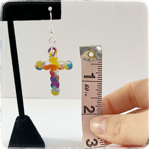 Handmade multicolor acrylic bubble cross earrings - Picture 2 of 2